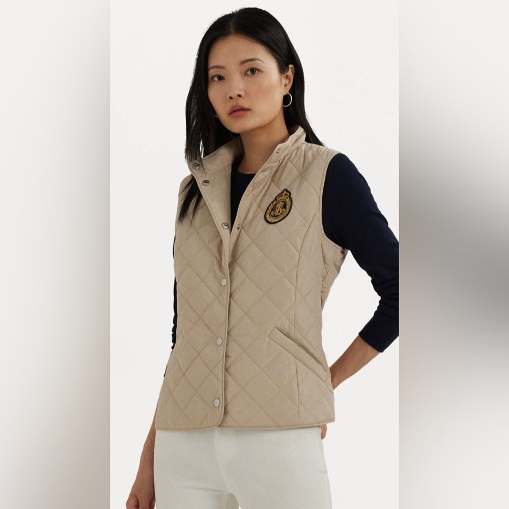 New Ralph Lauren Women's Quilted Insulated CREST Patch Vest Beige Tan